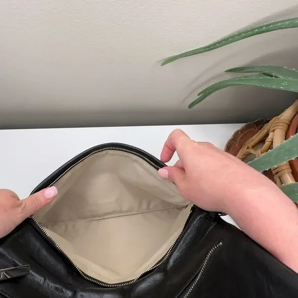 Tory Burch Black Leather Fold-Over Clutch | Removable Chain Strap | Silver Logo - Picture 6 of 12